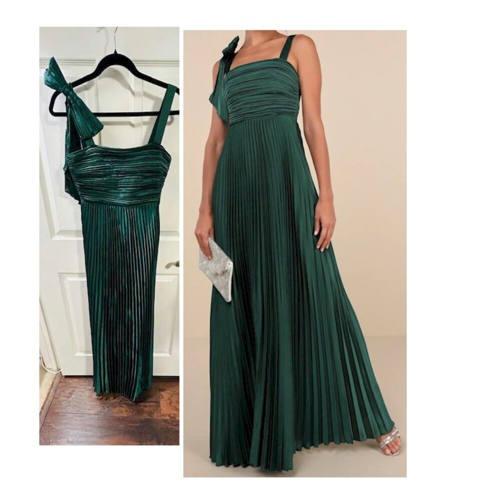 Lulus Gorgeous Purpose Emerald Green Pleated Bow Maxi Dress Size Medium NWT